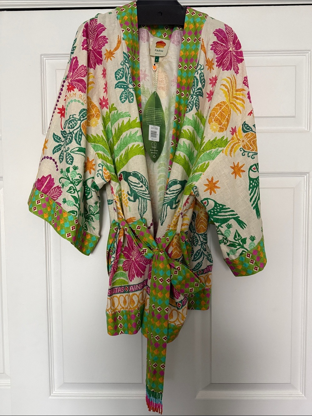 FARM Rio Cream Kimono Jacket with Green, Pink & Yellow Tropical Print